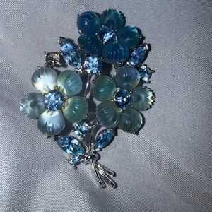 Elegant Blue and Silver Floral Brooch with Crystal Accents